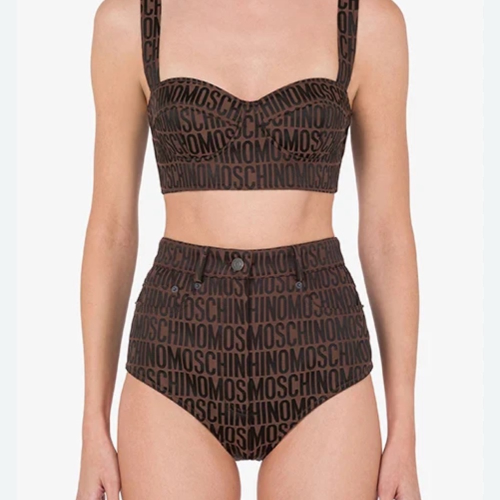Moschino Brown Monogram 2pc Shorts and Corset suit.